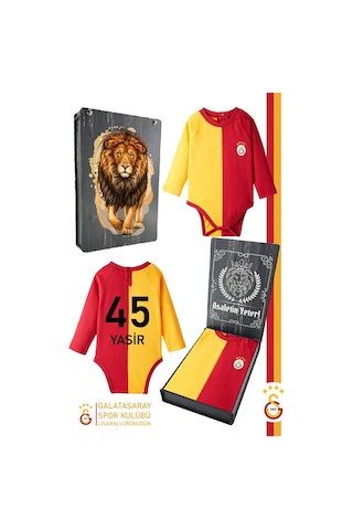 Galatasaray Lisanslı Uzun Kol Sarı Kırmızı Kişiye Özel Bebek Body Zıbın Hediyelik Ahşap Kutulu 036 Kırmızı