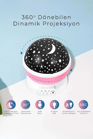 Dönen Masa Lambası Yansıtmalı Gece Lambası Işığı Gökyüzü Yıldızlı Projeksiyon Aydınlatma Elektronik