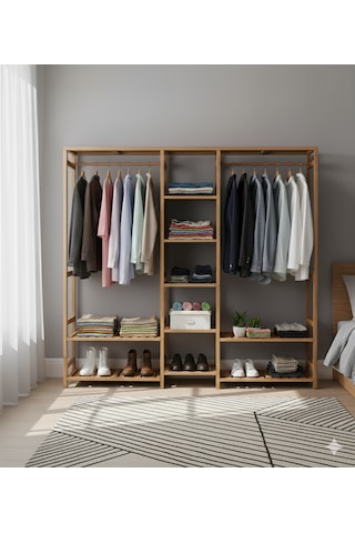 Ahşap Açık Gardırop Elbise Askılığı Kahverengi