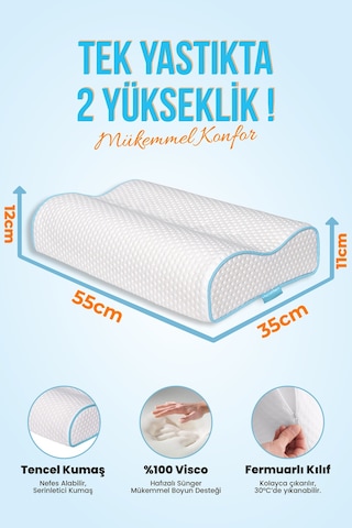 Viscofoam Çift Taraflı Yüksek Boyun Destekli Ortopedik Yastık Visco Yastık - 55x35x12-11cm