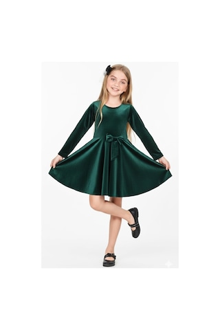 Kız Çocuk Kadife Elbise-içi Tüllü Ve Fiyonk Süslemeli 7-12 Yaş 12427 Petrol Yeşili