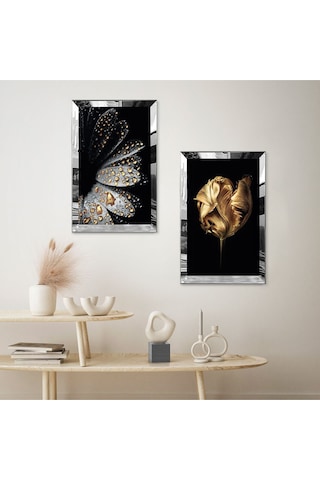 Gümüş Aynalı Pleksi Çerçeveli Gold Ve Gri Çiçek Ve Gold Su Damlacığı İkili Mdf Tablo Seti