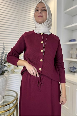 Rabia Şamlı Melis Çelik Örme Triko Takım Bordo Çok Renkli