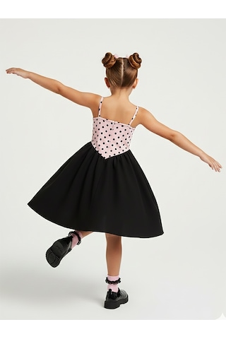 Denokids Kız Çocuk Elbise Pamuk Pembe Siyah Puantiyeli İlkbahar Yaz Sezonu 5-8 Yaş Çok Renkli