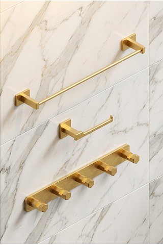 Premium Gold Alüminyum Tuvalet Kağıtlığı+5'li Havlu Bornoz Askısı+büyük Havlu Askısı Yapışkanlı Altın