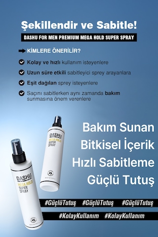 Hızlı Kuruyan, Ultra Güçlü Saç Şekillendirici Sprey Dashu For Men Mega Hold Super Spray 250 Ml