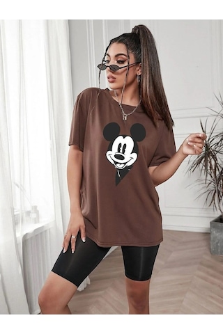 Kadın Kahverengi Oversize Mickey Mouse Baskılı Tshirt Kahverengi
