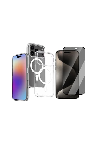 Vendas Apple Uyumlu iPhone 17 Pro Max Kılıf M-safe Şarj Özellikli Şeffaf Sert Pc Zore Embos Kapak + Privacy Hayalet Ekran Koruyucu Şeffaf