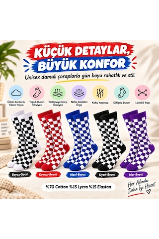 Storeşahin Unisex Çorap Dama Desenli Renkli 10'lu Set Kareli Uzun Soket Günlük Spor Eğlenceli Rahat Çorap Seti Shn0720 Çok Renkli