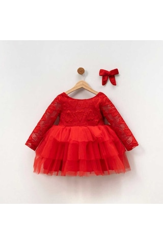 Kız Çocuk Güpür Tül Tütülü Doğum Günü Hediye Kına Prenses Elbise Kırmızı