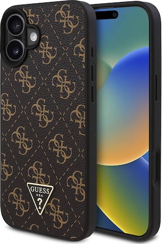 Apple iPhone 16 Uyumlu Kılıf Guess Lisanslı Pu Deri 4g Desenli Üçgen Logolu Kapak Siyah
