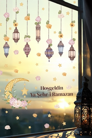 Hoşgeldin Ya Şehr-i Ramazan Duvar Sticker Seti Fener & Ay Yıldız Temalı Dekor Dijital Baskı