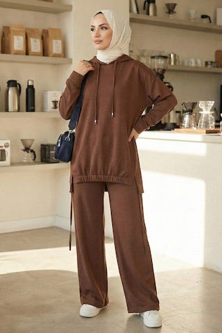 Bestenur Kapüşonlu Tunik Pantolon Takım 1682 - Kahve Kahverengi