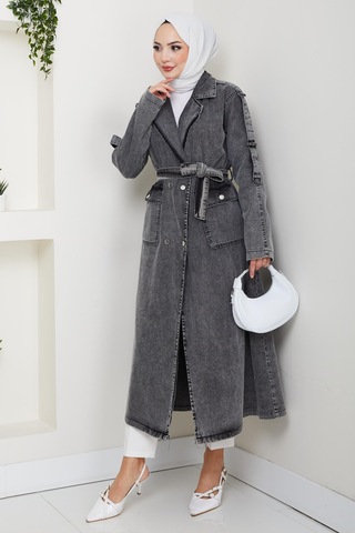 Hb Harma Time Butik Kadın Cepli Kuşaklı Denim Koyu Gri Trençkot