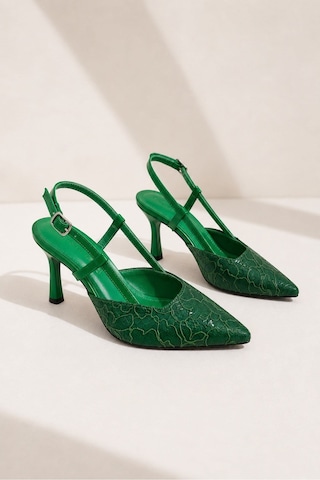 Lebibe Shoes Lısa Kadın Yeşil Sivri Burun 7 Cm Topuklu Çiçek Dantel Desenli Rugan Slingback Ayakkabı