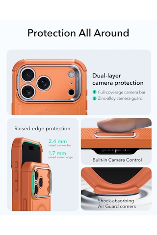 Esr Apple Uyumlu iPhone 17 Pro Max Cyber Tough Magsafe Stantlı Kılıf Turuncu Turuncu