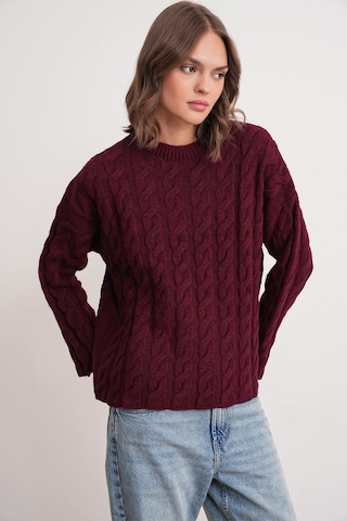 6973 Kadın Saç Örgülü Regular Basic Triko Kazak Bordo Bordo