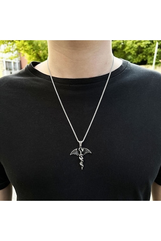 Gümüş Siyah Mikro Taşlı Kılıç Ve Ejderha Tasarım Erkek Kolye 552468532
