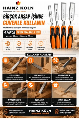 4 Parça Ahşap Iskarpela Seti 14-18-20-25 Mm Krom Vanadyum Çelik Ergonomik Kaymaz Sap Profesyonel Mar