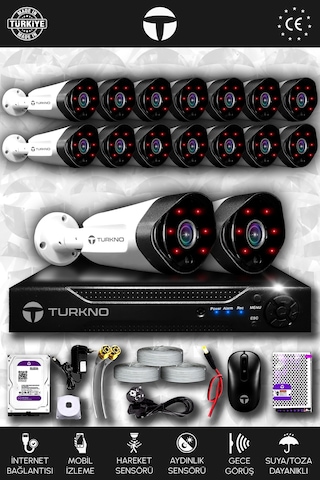 Turkno 16 Kameralı Galia 16 Dış Kamera Set 1 TB HDD Full HD Gece Görüşlü Güvenlik Kamerası Sistemi