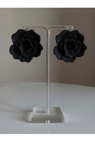 Kadın Küpe Büyük Siyah Gül Çiçek Model - 6 Cm Minimalist Halka/çivili Gül Çiçek Küpe