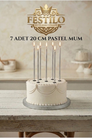 7'li Uzun Mum 20 Cm Pasta Mumu Gümüş Metalik Renk Parti Malzemeleri Doğum Günü Süsleri
