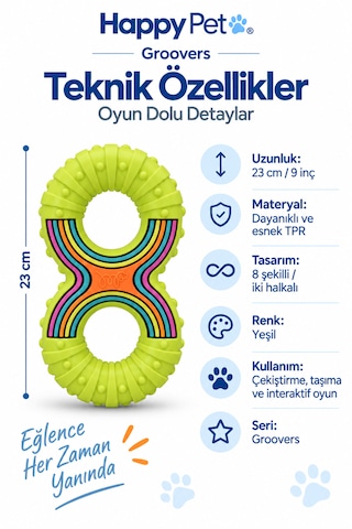 Happy Pet Groovers Tpr Dayanıklı 8 Şekilli Çekiştirme Köpek Oyuncağı 23 Cm Yeşil