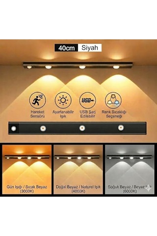 Led'li Şarjlı Dolap Altı Aydınlatma Hareket Sensörlü 3 Modlu Yapışkanlı Delme Gerektirmez Slim Beyaz Kasa Dekor Çok Renkli