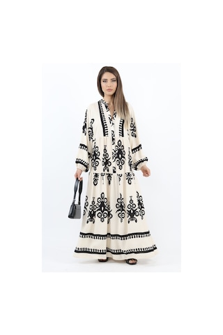 Prive Kadın Şal Desen Maksi Boy %100 Viskon Krem Siyah Uzun Elbise