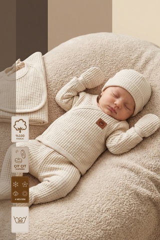 Minory Baby - %100 Pamuk 7'li Hastane Çıkışı Seti Yenidoğan 7'li Set Waffle Kumaş Bej Bej