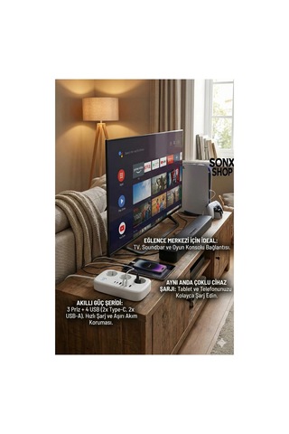 2500w Çoklu Priz 2 Metre 3 Lü Ac Priz +5 Usb Çıkışı Akım Korumalı Alev Almayan Gövde, 0 - 2 M