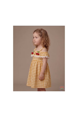 Ketbaby Kirazlı Pötikareli Kız Çocuk Elbise 1-5 Yaş Yazlık Konfor Serisi Sarı Sarı