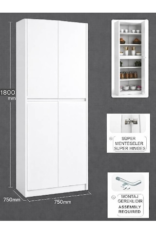 Umg Mobilya Patentli Santra Kulpsuz 4 Kapaklı Çok Amaçlı Dolap, Mutfak, Elbise, Balkon, Kiler, Dosya Dolabı Beyaz