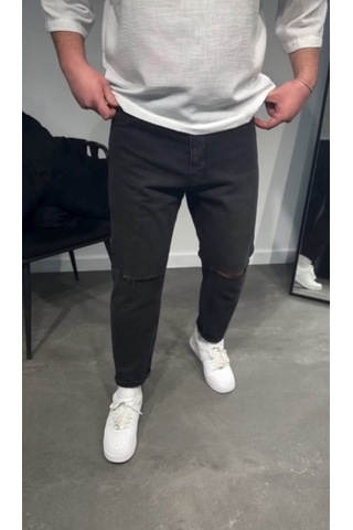 Efnaz Style Erkek Siyah Dizi Yırtık Boyfriend Jean