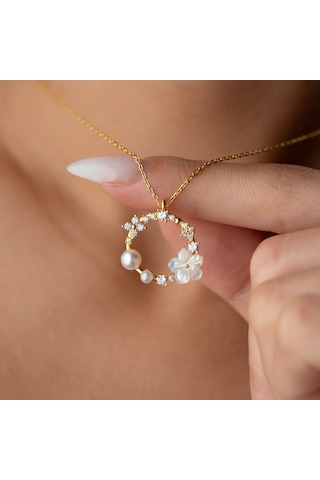 925 Ayar Gümüş Sedef Taşlı İncili Kolye Gold