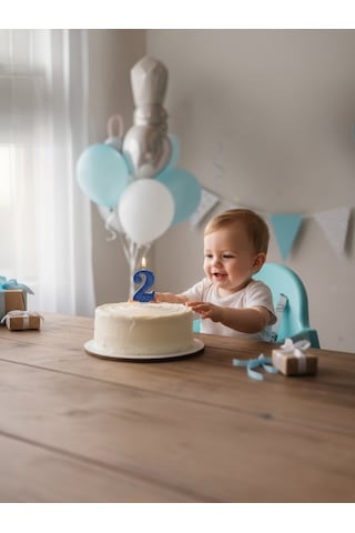 Lacivert Simli Pasta Mumu Doğum Günü Mum 2 Yaş