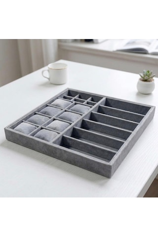 20 Bölmeli 8+6+6 Ahşap Üzeri Baby Face Kadife Kumaş Saa- Takı Ve Yüzük Standı - Organizeri Ebat 38x36x5 Gri