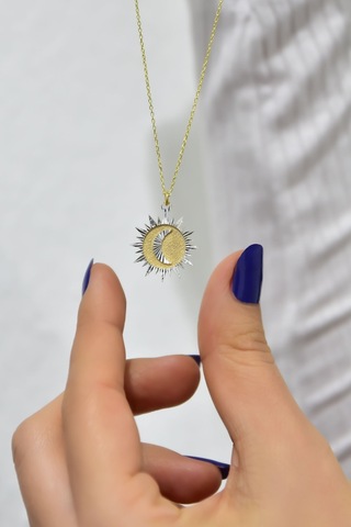 925 Ayar Gümüş Gold Kaplama Kristal Kesim Plaka Hilal Kolye