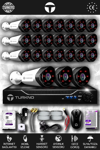 Turkno 24 Kameralı Galia 24 Dış Kamera Set 500 GB HDD Full HD Gece Görüşlü Güvenlik Kamerası Sistemi