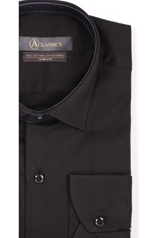 Aclassics Erkek Siyah Slim Fit Saten Pamuk Cepsiz Gömlek
