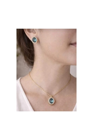 Lunarie 14k Gold Çelik Oval Halo Taşlı Kolye Küpe Takı Seti Altın