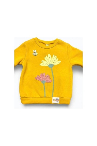 Kız Çocuk Kolları Fırfırlı İçi Şardonlu Çiçek Baskılı Sweatshirt-14348 HARDAL