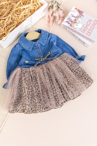 Babymod Denim Leopar Desenli Şık Özel Gün Kız Bebek Elbise Bej
