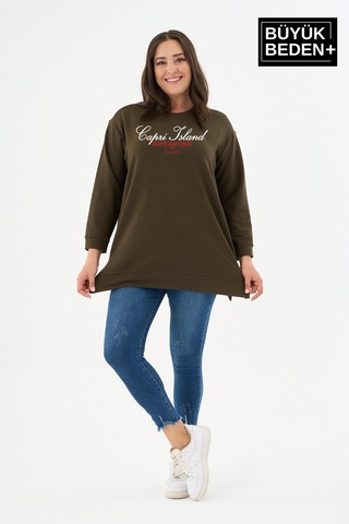 Süperlife Kadın Tunik Büyük Beden Capri Island Baskılı İnce Sweatshırt Spr26btk990-1 Haki