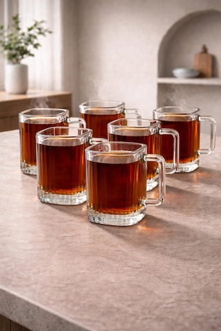 6 Lı Cam Kulplu Çizgili Çay Bardağı Bardak 120ml Şeffaf