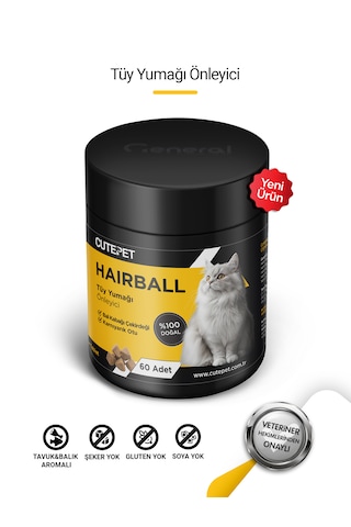 Cutepet Hairball Kedi Tüy Yumağı Önleyici Tablet 60 Adet Sindirim Destekleyici Ve Malt Etkili