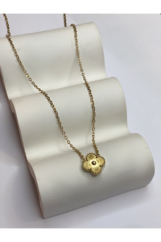 Kadın Minimal Yonca Model Çelik Kolye Gold