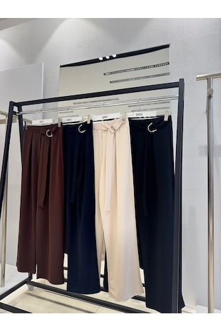 Ribana Classic Kadın Relax Fit Rahat Kesim Krep Kumaş Yüksel Bel Geniş Paça Kuşaklı Esnek Pantolon 4715 Bej