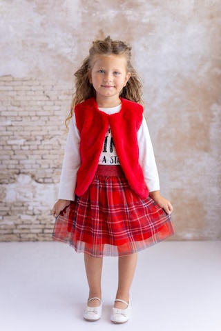 Kız Bebek Baskılı T-shirt Ekose Etek Ikili Takım - Kırmızı Kırmızı