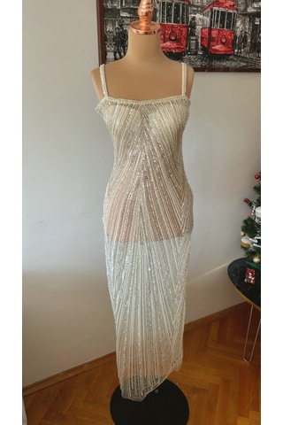 Chica Rosa Fashion Pudra Sarı Taşlı Kristal Abiye Elbise